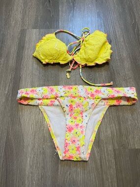 Yellow Lace Bikini Top with Neon Floral Bikini Bottom